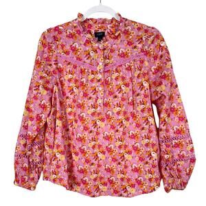 J Crew Floral Ruffleneck Blouse Pink Multi Small Prairie Cottagecore Romantic